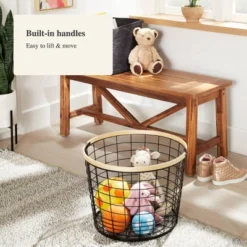 Round Black Wire With Natural Wood Handles Floor Basket - Brightroom™ -Home Storage GUEST 531efaff 169e 49d9 b5e7 00e6d8495d4f