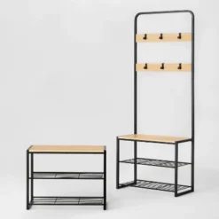 3 Tier Entry Bench With Hooks Black Metal With Natural Wood - Brightroom™ -Home Storage GUEST 5715bb57 f3cd 4e89 a63b cc4fa675fc88