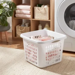 1.5bu Plastic Square Laundry Basket - Brightroomâ„¢: Medium White Clothes Hamper With Built-In Handles, Portable Storage