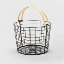 Round Black Wire With Natural Wood Handles Floor Basket - Brightroom™ -Home Storage GUEST 96a85611 d85f 4469 95c9 38a133b60f86