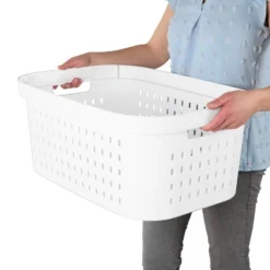 1.5bu Rectangle Modern Laundry Basket - Brightroom™: White Plastic Clothes Basket With Built-In Handles, Medium Size -Home Storage GUEST d6606117 ec93 434a 98af c3a1505ebe2b